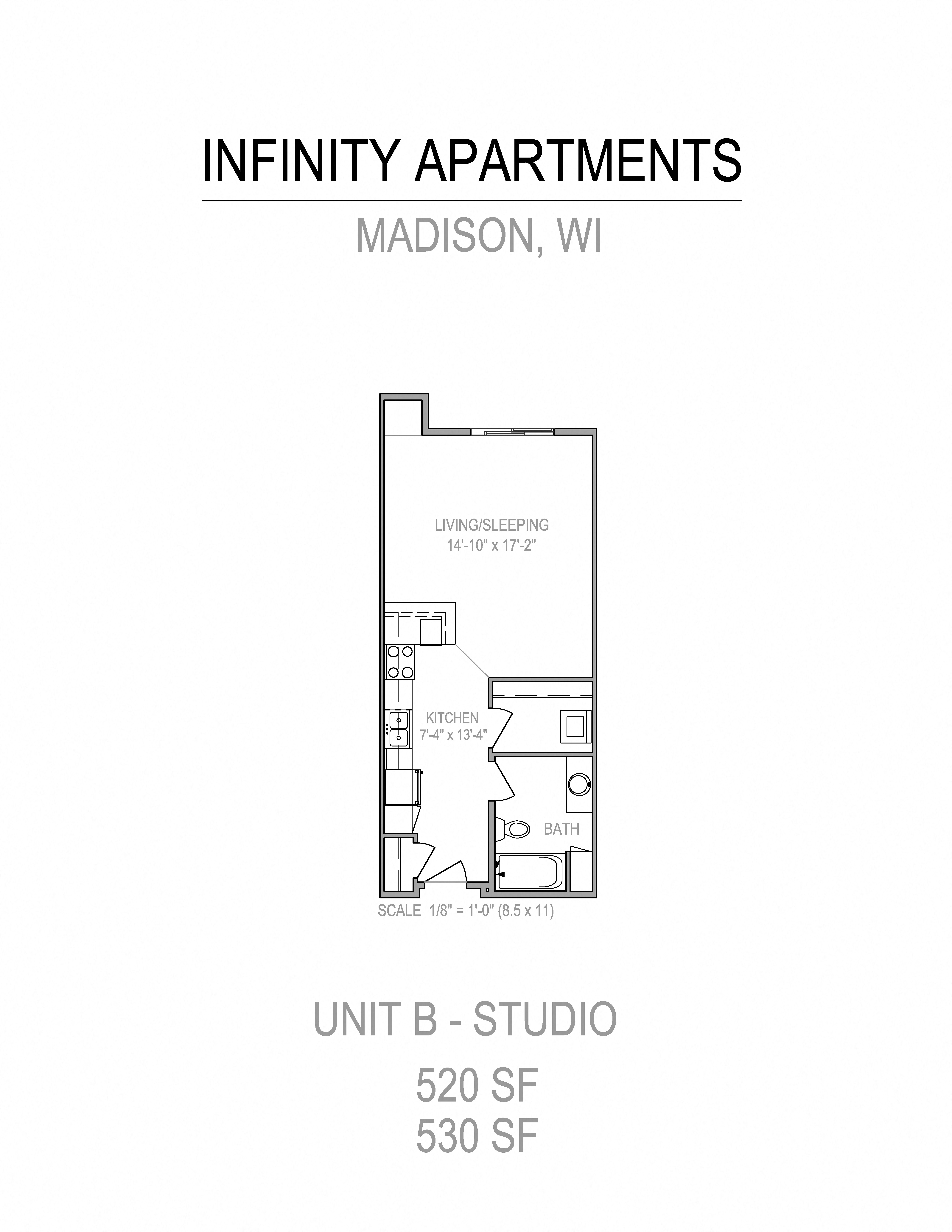 Floor plan for studio, 1 bath, 520 sqft